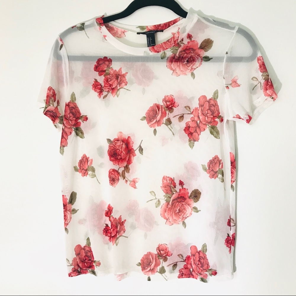 Forever 21 Y2K Rocker Floral Mesh Sheer Top White Sz S